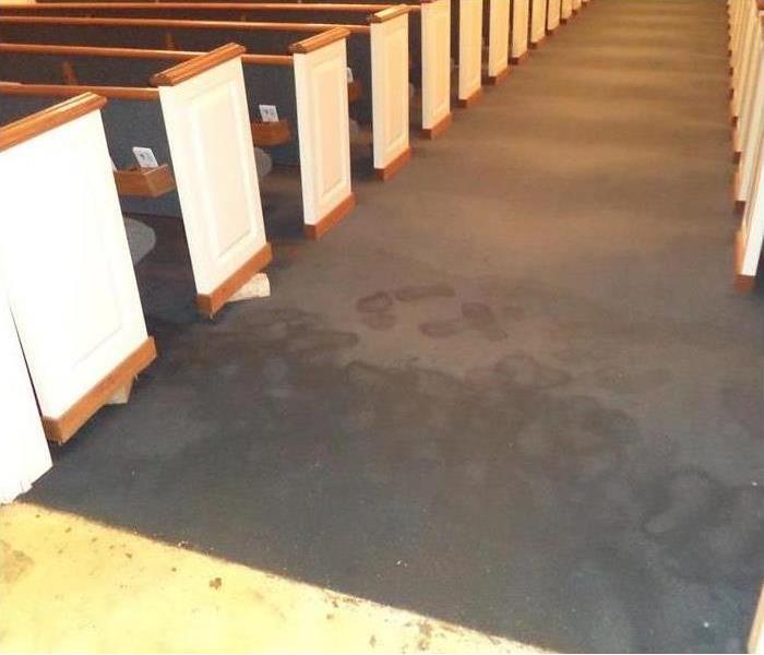 church sanctuary, pews, wet carpet