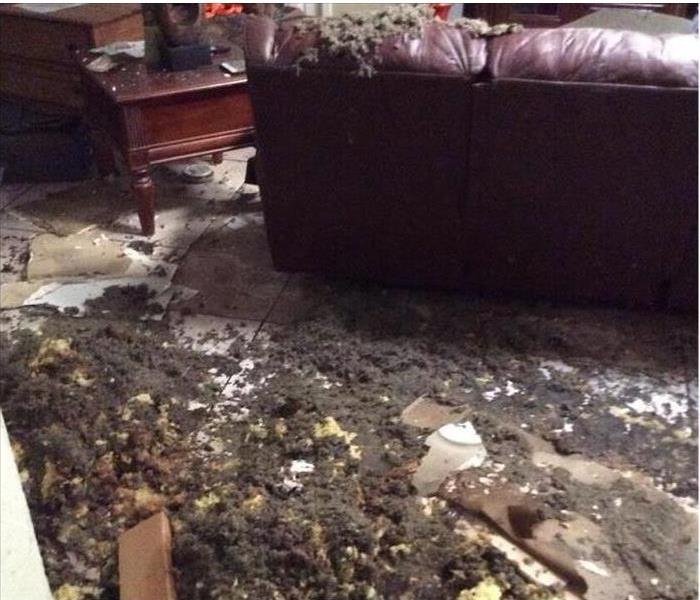 living room couch, ceiling collapse, fire damage