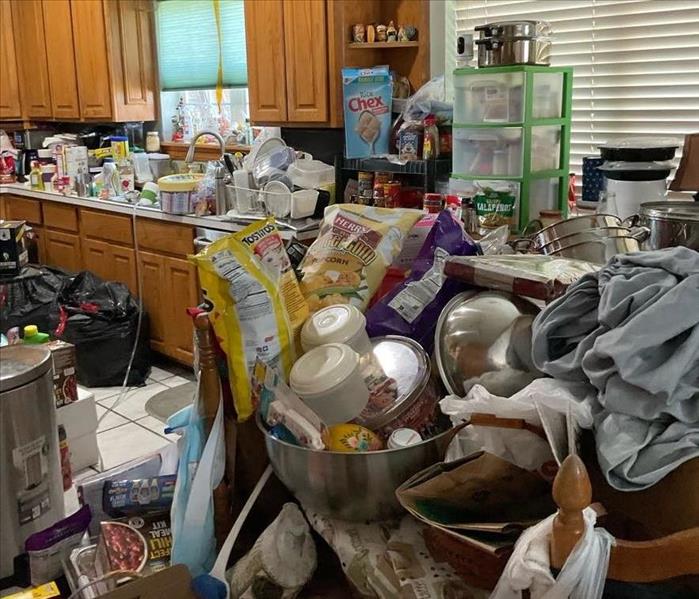 kitchen, hoarded piles of trash