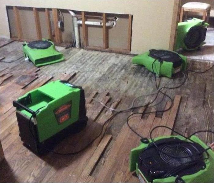 bare studs, damaged wood floor