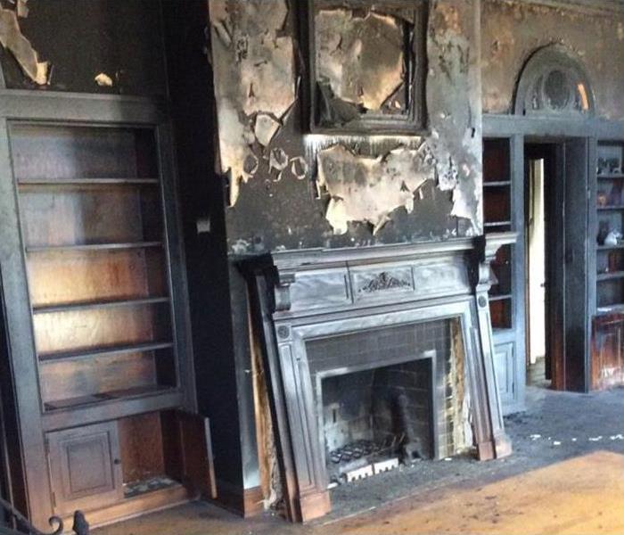Living room, fireplace, bookshelves burned